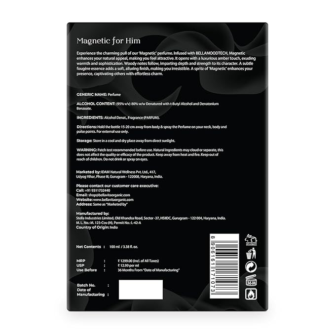 BELLAVITA Luxury Mood Collection MAGNETIC Perfume for Men 100ml | Pheromone Inspired Technology Long Lasting Fragrance | Notes of Grapefruit, Jasmine and Vanilla | Gourmet, Spicy Premium Fragrance