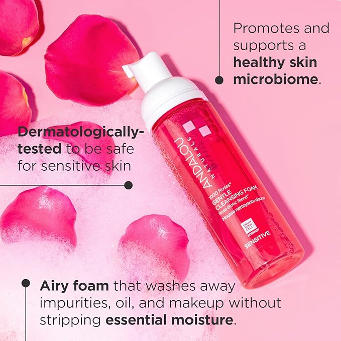 Andalou Naturals 1000 ROSES Gentle Cleansing Foam Face Wash, Hydrating Foaming Facial Cleanser with Rosewater & Aloe for Women & Men, Non Toxic, Vegan