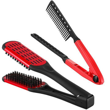 CHENGU 2 Pcs Straightening Comb For Hair, Boar Bristles Clamp Double Sided Brush Hair Straightening Brushes Comb Flat Iron Styling for Knotty Unkempt(Black, Red)