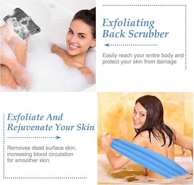 Moukeren Exfoliating Back Scrubber with Handles 4 Pack Nylon Back Exfoliator Extended Length Washers Scrubbers Stretchable Pull Strap Exfoliating Washcloth(Dark Blue, Gray, Beige, Fluorescent Green)