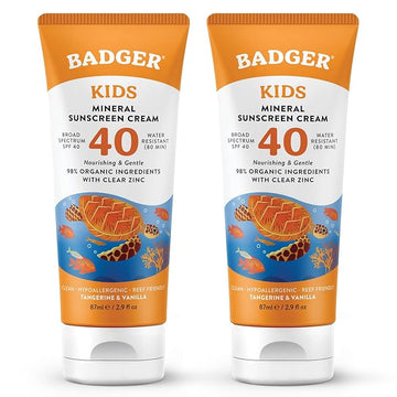 Badger Kids Mineral Sunscreen Cream SPF 40, 98% Organic Ingredients, Zinc Oxide Sunscreen for Kids Face & Body, Water Resistant, Reef Friendly, Hawaii Approved Sunblock, 2.9 fl oz, 2-Pack