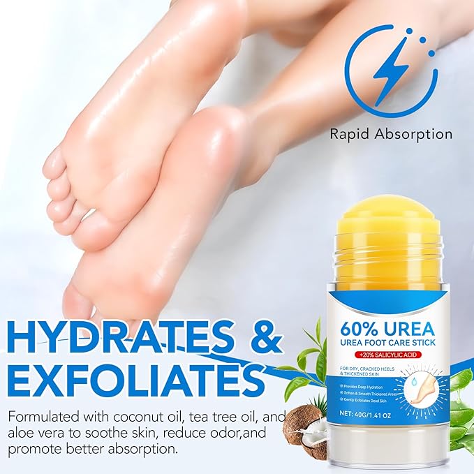 Urea Foot Care Stick, 60% Urea with 2% Salicylic Acid Foot Cream Moisturizer for Dry Cracked Feet, Knees, Elbows, Hands, Moisturizes and Hydrates the Dry Skin, Callus Remover & Skin Softener 1.41 oz