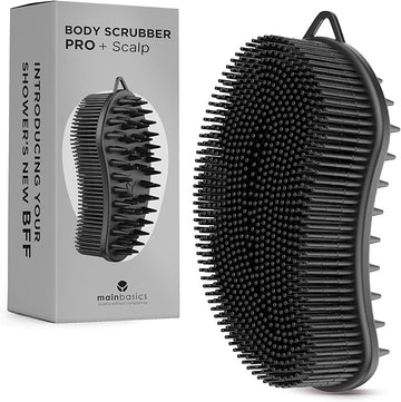 MainBasics Silicone Body Scrubber – Dual-Sided Shower & Scalp Scrubber, Gentle Silicone Loofah Alternative for Deep Clean (Black, Scalp)