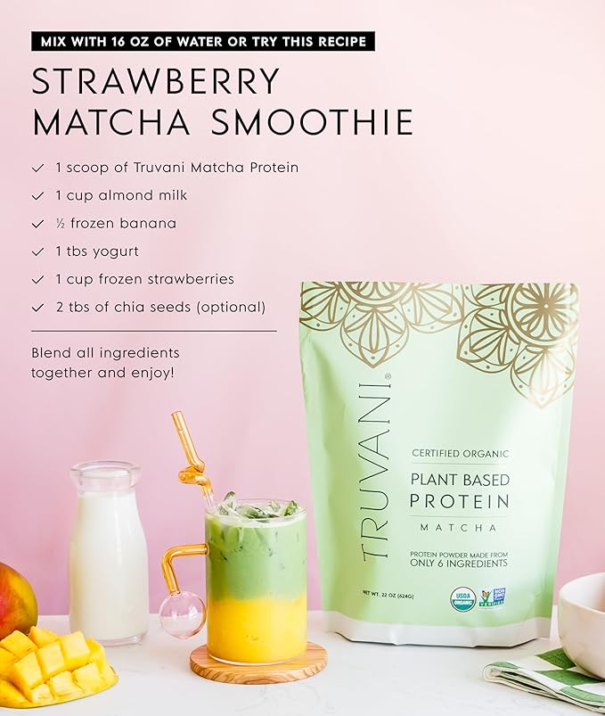 Truvani Vegan Pea Protein Powder | Matcha | 20g Organic Plant Based Protein | 1 Serving | Keto | Gluten & Dairy Free | Low Carb | No Added Sugar