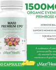 Maxi-Health Evening Primrose and Flax Seeds Oil Softgels - Vegan Omega 3 6 9 Supplements for Healthy Skin, Hair, and Joints - Kosher Certified, Organic Evening Primrose Oil Softgels, 180 Count