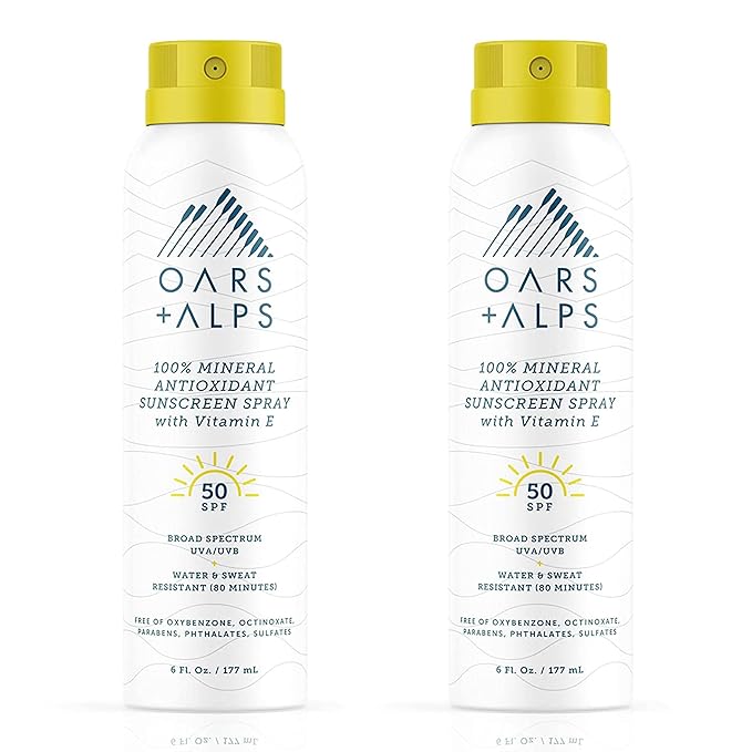 Oars + Alps Sunscreen Spray for Face & Body, SPF 50 Spray Sunscreen Infused with Vitamin E & Antioxidants, Water & Sweat Resistant, All Skin Types, Lightweight, Hydrating, 6oz, 2pk
