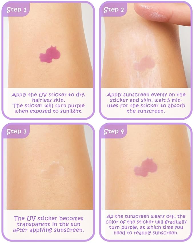 UV Stickers for Sunscreen - 40 Count UV Detection Stickers, Know When to re-Apply Sunscreen, Safe for Kids Age 3+, 4 Pattern Types for Girls & Boys
