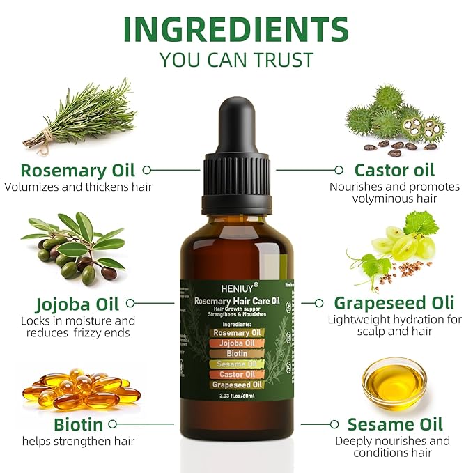 Pure Rosemary Oil Blended with Castor, Sesame, Jojoba and Grapeseed Oils to Promote Hair Growth, Biotin and Strengthen Hair, Dark Glass Bottle with Dropper 2Fl Oz