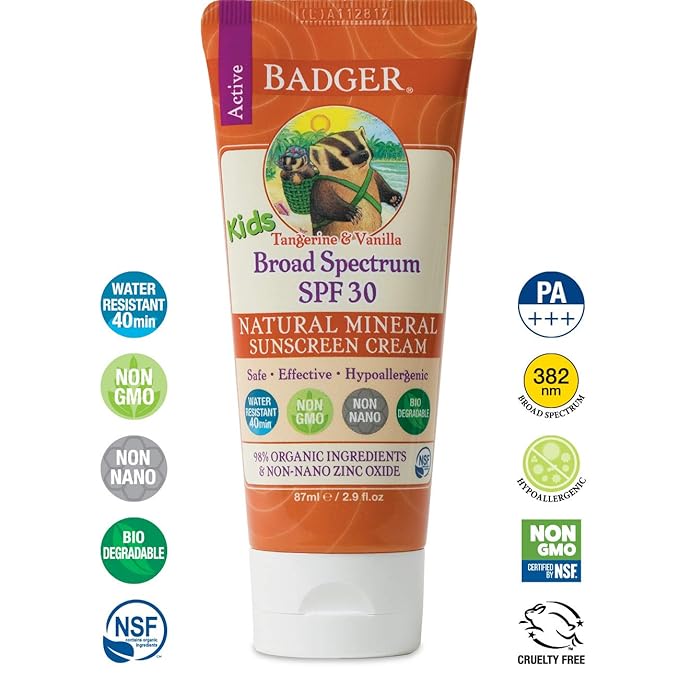 Badger - SPF 30 Kids Sunscreen Cream with Zinc Oxide for Face and Body, Broad Spectrum & Water Resistant Reef Safe Sunscreen, Natural Mineral Sunscreen with Organic Ingredients 2.9 fl oz (2 pack)