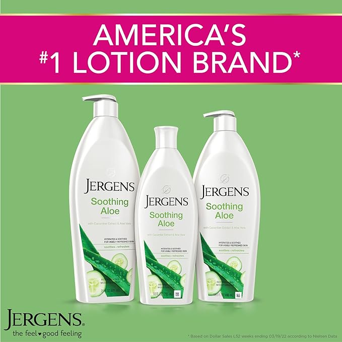 Jergens Soothing Aloe Body Lotion, Aloe Vera Body and Hand Moisturizer, Illuminating Hydralucence Blend, with Cucumber Extract, Dermatologist Tested, 21 Oz