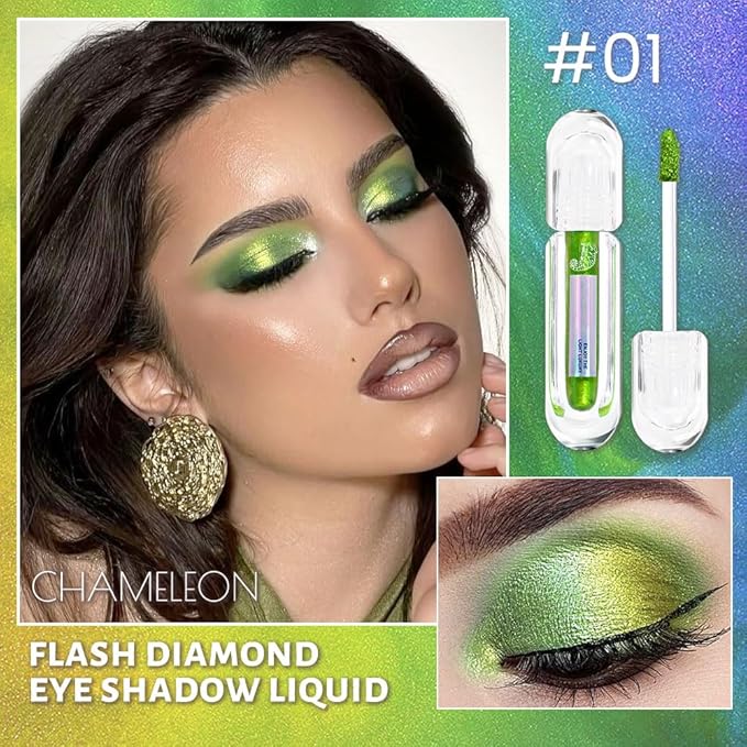 AMY'S DIARY Duochrome MultiChrome Chameleon Liquid Metallic Eyeshadow, High-Impact Multi-Dimensional Finish,Green Silky Smooth and High Pigment Holographic Glitter Eyeshadow Makeup (01#)