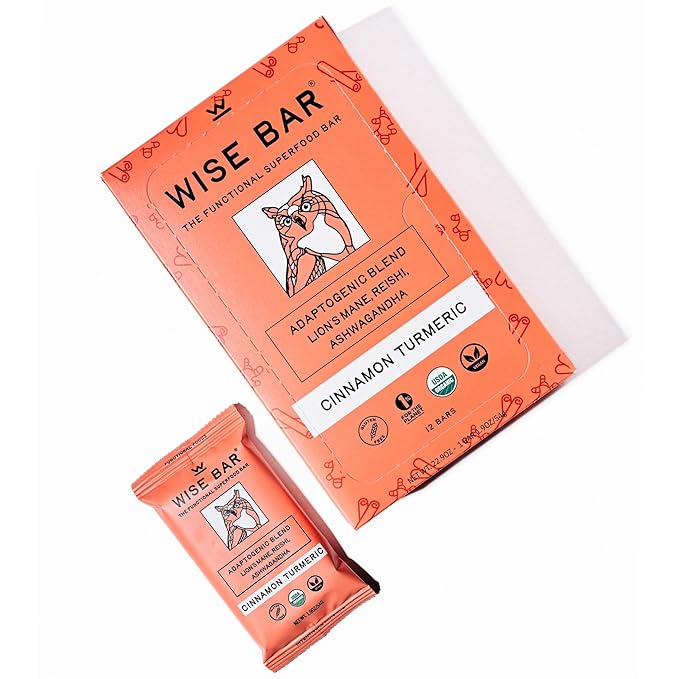 WISE BAR Adaptogen Mushroom Bars | Cinnamon Turmeric Flavor | 12 Count | Functional Mushrooms and Adaptogens Bar | Organic Nutrition Energy Bars, Vegan, Gluten Free