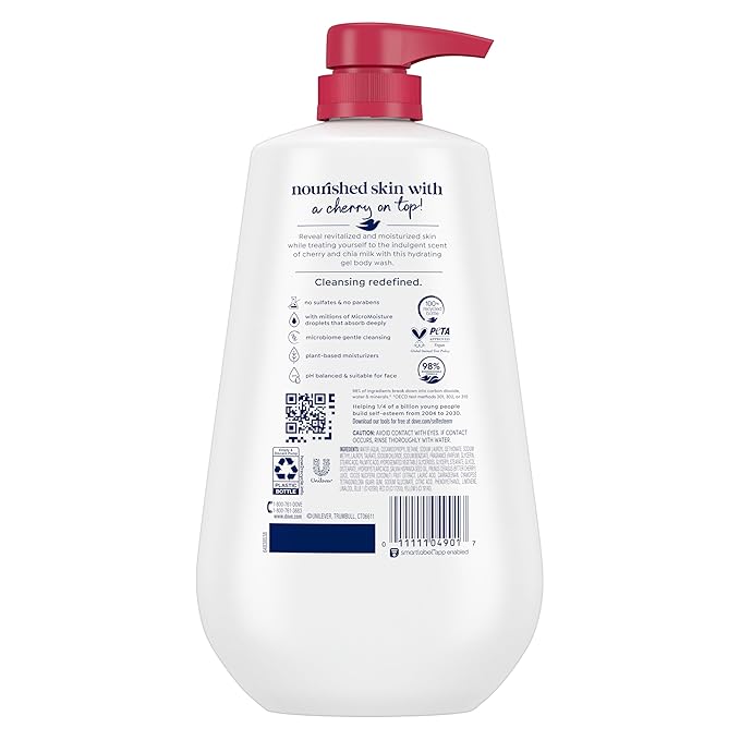 Dove Body Wash with Pump 3 Count Revitalizante Cherry & Chia Milk, for Renewed, Healthy Looking Skin,Moisturizing Gentle Skin Cleanser with 24hr Renewing MicroMoisture, 30.6 oz