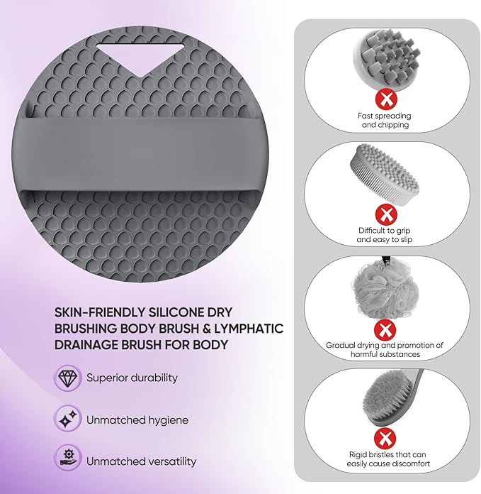 Lymphatic Drainage Silicone Body Scrubber for Shower - Exfoliating Silicone Loofah with Zinc Infused and Stiff Massage Nodes，for Improving Skin Health and Reduces Acne -Dark Gray