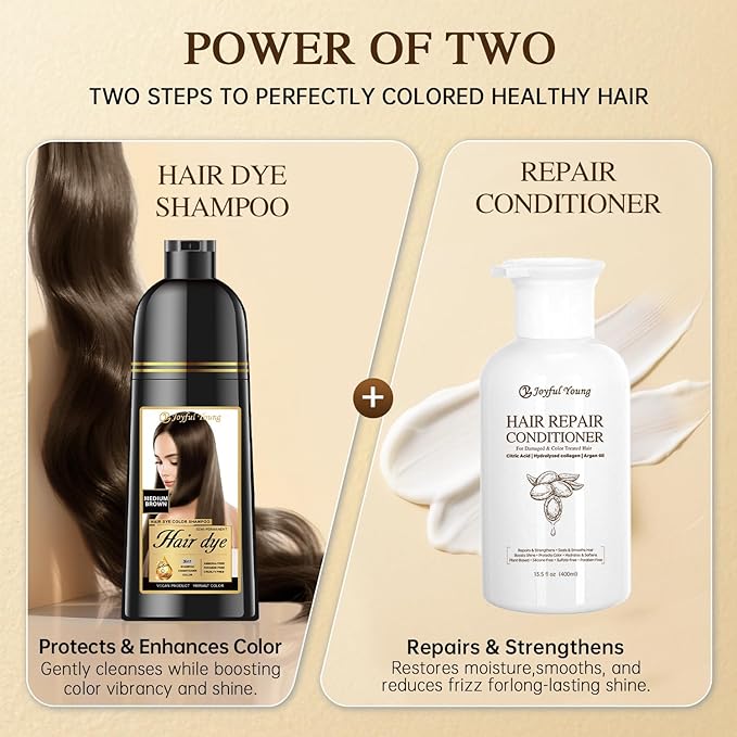 Natural Hair Dye Shampoo 3 IN 1, Hair Color for Gray Hair Coverage, Hair Coloring Shampoo for Women, Color Shampoo Beard Dye for Men, Vegan Ammonia Free (NATURAL MEDIUM BROWN)