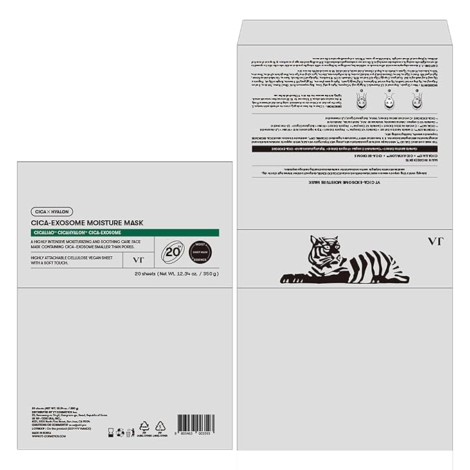 VT COSMETICS Cica-Exosome Moisture Mask 20 Sheets, Centella Asiatica & Hyaluronic Acid with Exosomes for Deep Hydration & Calming, Biodegradable Vegan Sheets, Korean Face Mask
