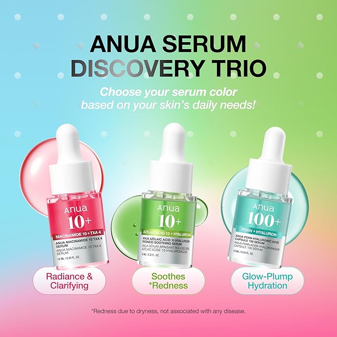 Anua Serum Discovery Trio, Mini Face Serum Travel Size Kit with Hyaluronic Acid, Niacinamide & Azelaic Acid, Hydrating Soothing Gift Set for Women, Korean Skincare Set -10ml/0.33fl.oz × 3EA
