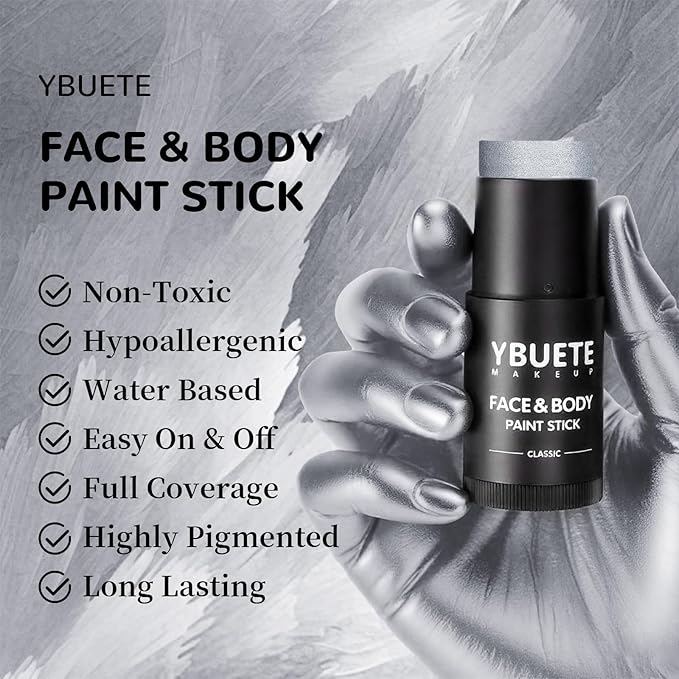 Silver Face Body Painting Stick, Professional Silver Full-coverage Cream Face Paint for Halloween SFX Cosplay Makeup, Washable Eye Body Stick for Adult Costume Party