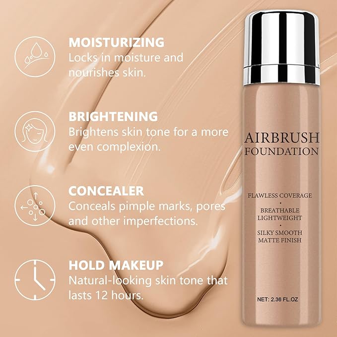 AirBrush Foundation Spray With Primer and Brush, Silky Mist Foundation Spray Makeup, Full Coverage Foundation for Smooth Radiant Finish, Formula Breathable Lightweight Hydrating(#4 Porcelain)
