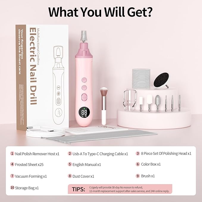 Professional Manicure Pedicure Electric Toenail Grinder Kit - Cordless Electric Nail File Set for Thick Nails Hand Feet Care ,15 Speed,Nail Drill with LED Display Ideal Gift for Men and Women-Pink