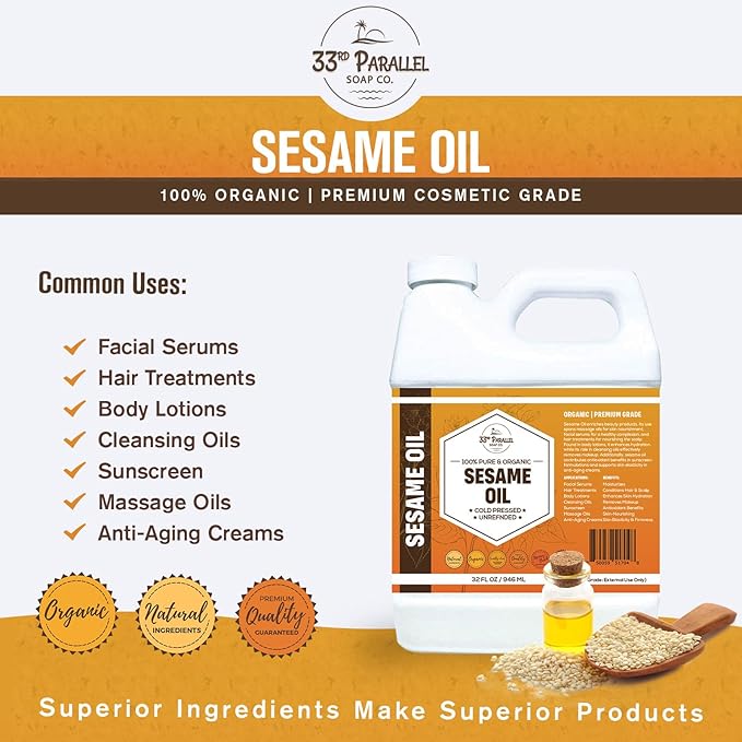 ORGANIC SESAME OIL (32 oz) Premium Cold Pressed Unrefined | 100% Pure Sesame Oil for Skin, Face, Hair, Soap Making | Carrier for Essential Oils | Available in Bulk | 32 FL OZ