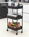 3-Tier Metal Utility Rolling Cart, Multi-Functional Storage Trolley for Office, Living Room, Kitchen, Movable Storage Organizer with Wheels, Black