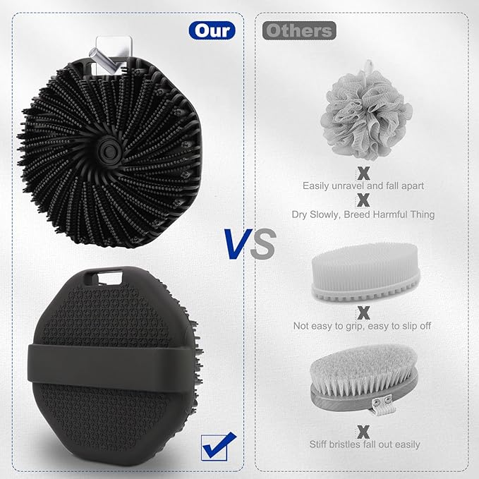 Silicone Body Scrubber, Men Body Scrubber, Gentle Exfoliating, Suitable for All Skin Types, Handheld Shower Brush, Rich Lathering, Easy to Clean (Black)