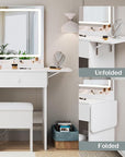 Haewon White Vanity Desk with Lighted Mirror and Charging Station, Makeup Vanity with 3 Color Modes and Adjustable Brightness, Dressing Table Set with Storage Drawers, Cabinet and Chair for Bedroom