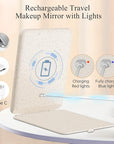 FUNTOUCH Rechargeable Travel Makeup Mirror with 72 Led Lights, Portable Lighted Makeup Mirror, 3 Color Lighting, Dimmable Touch Screen, Type C, Tabletop LED Folding Cosmetic Vanity Mirror