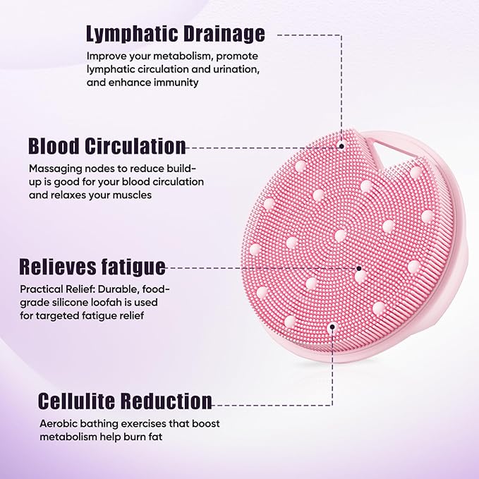 Lymphatic Drainage Silicone Body Scrubber for Shower - Exfoliating Silicone Loofah with Zinc Infused and Stiff Massage Nodes，for Improving Skin Health and Reduces Acne -Pink
