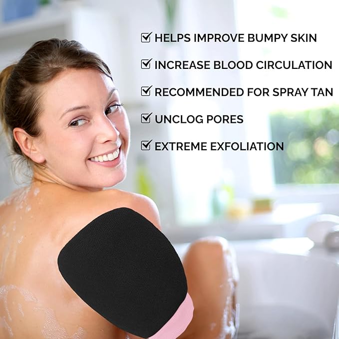Valitic Exfoliating Glove Body Scrubber - Exfoliating Mitt Dead Skin Remover, Shower Face and Body Exfoliator - Korean Style Skin Scrubber Washcloth - Spray and Self Tan Remover, 1 Black with Pink