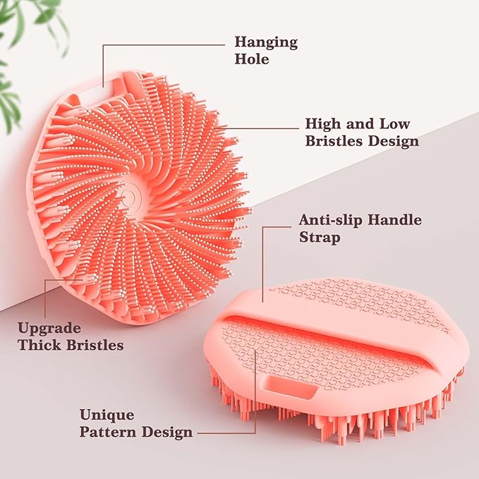 Manmihealth Silicone Handheld Manual Facial Cleansing Brush & Silicone Body Scrubber Shower Brush with Non-Slip Hand Strap Set 2 PCS, Deep Cleansing Face Body Scrubber with a Free Hook (Pink*2)