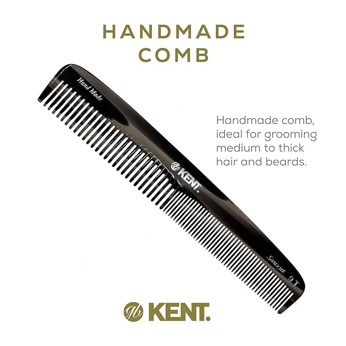 Kent 9T Black Graphite Fine Tooth and Wide Tooth Detangler Comb - Large Handmade Dressing Comb for Wet Hair and Durable Grooming, Hand Polished, Saw-Cut Made in England