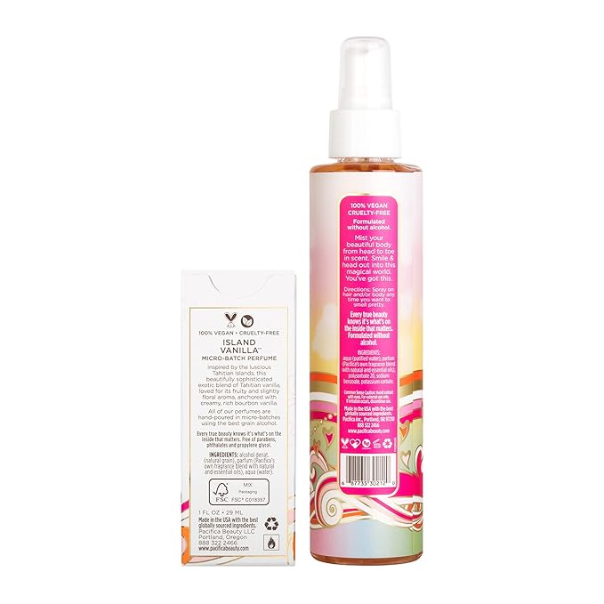 Pacifica Island Vanilla Spray Perfume & Hair and Body Mist Set – Tahitian Vanilla Clean Fragrance Duo, Essential Oil Blend, Alcohol-Free Hair/Body Mist Clean Beauty 100% Vegan & Cruelty-Free