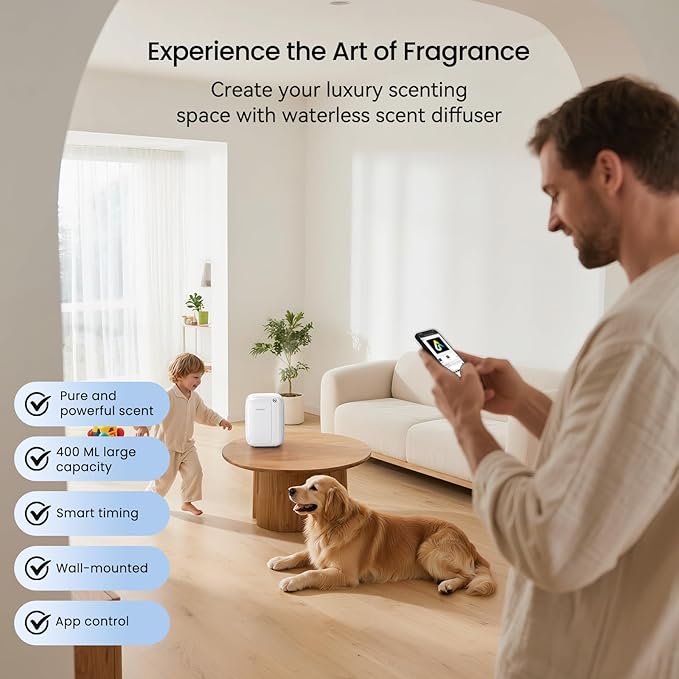 Waterless Essential Oil Diffuser,(Two 50ml Fragrances Included) 2000 Sq.Ft Coverage 400ml Capacity Hotel Scent Diffuser,Cold Air Tech, App & Button Control,Scent Diffusers for Home Large Room (White)