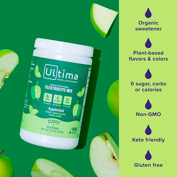 Ultima Replenisher Mocktini Electrolyte Drink Mix – Appletini, 90 Servings – Hydration Powder with 6 Key Electrolytes & Trace Minerals – Keto Friendly, Non- GMO & Sugar-Free Electrolyte Powder