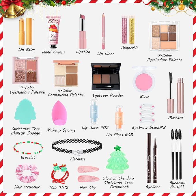 Erinde Makeup Advent Calendar 2025, 24 Days Christmas Makeup Gift Set for Women & Teen Girls, Holiday Beauty Countdown Calendar with Full Makeup & Tools, Festive Xmas Surprise Kit & Stocking Stuffers