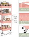 Sywhitta 4-Tier Plastic Rolling Utility Cart with Handle, Multi-Functional Storage Trolley for Office, Living Room, Kitchen, Movable Storage Organizer with Wheels, Pink