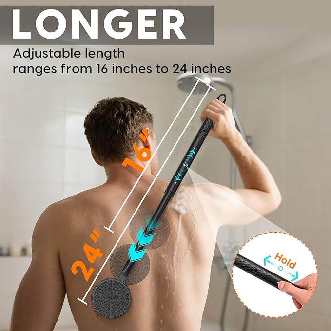 Silicone Back Scrubber for Shower with 24 inch Adjustable Handle, Double Sided Shower Brush for Exfoliating and Massage