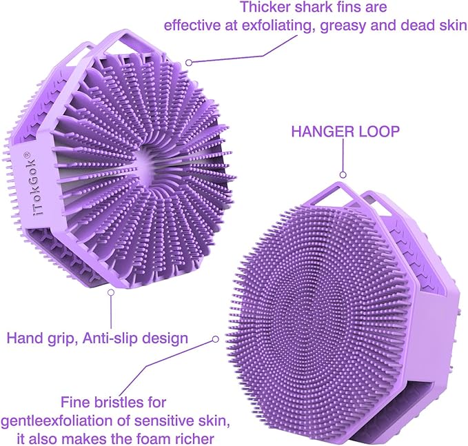 iTokGoK® Premium Silver-Infused Dual-Sided Design 2-in-1 Silicone Body Scrubber for Shower,Body Brush Buffer Scrubber for Men and Women for All Skin, Ergonomic No-Slip Handle, Easy to Clean - (Purple)
