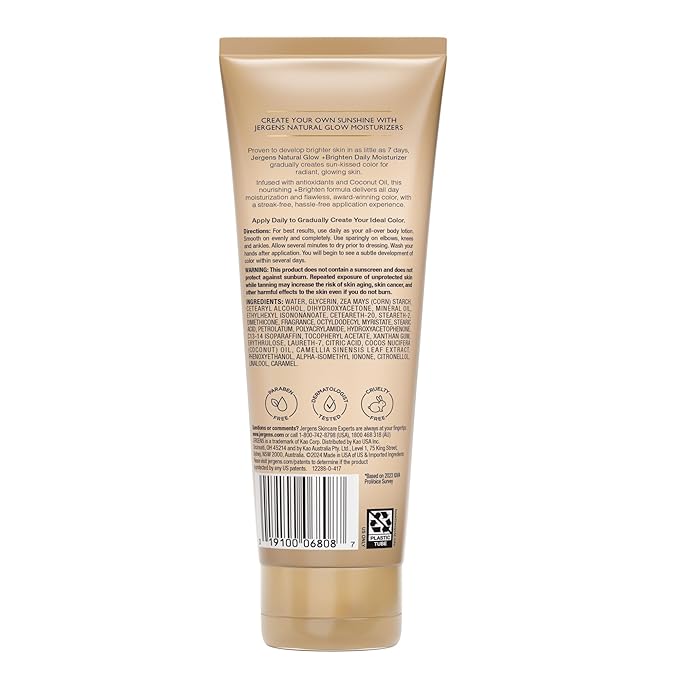 Jergens Natural Glow Self Tanner Body Lotion, Sunless Tanning, Fair to Medium Skin Tone, Daily Moisturizer with Coconut Oil, Vitamin E and Antioxidants, 7.5 Oz, Pack of 2