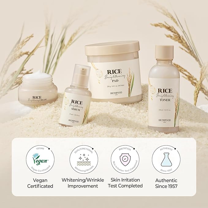 SKINFOOD Rice Starter Kit, Rice Toner, Rice Serum, Rice Moisturizer, and Rice Face Wash for Glass Skin, Korean Skin Care Set, Travel Size Kit, Stocking Stuffers, Gift Set for Women, Skincare Gift Set