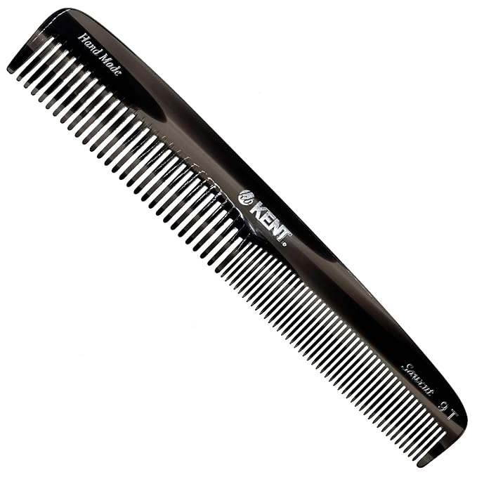 Kent 9T Black Graphite Fine Tooth and Wide Tooth Detangler Comb - Large Handmade Dressing Comb for Wet Hair and Durable Grooming, Hand Polished, Saw-Cut Made in England