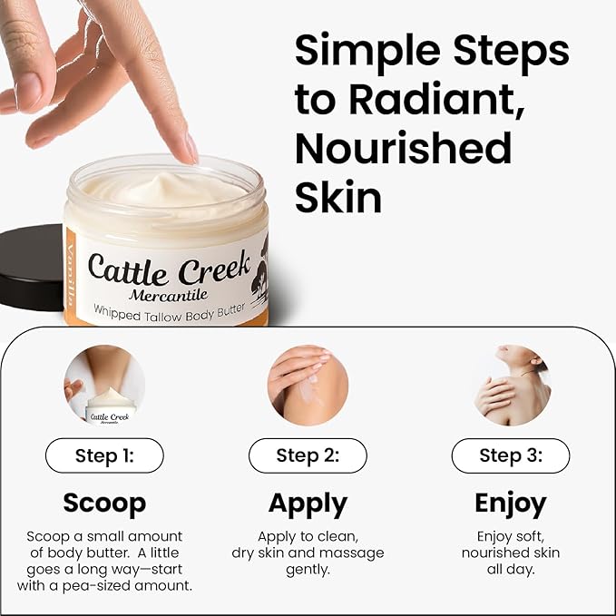 Cattle Creek Whipped Beef Tallow for Skin & Face – Deeply Moisturizing Tallow Balm – Organic Grass-Fed Skincare – Nourishes Dry, Sensitive Skin– Non-Comedogenic, Fast-Absorbing (4oz, Vanilla)