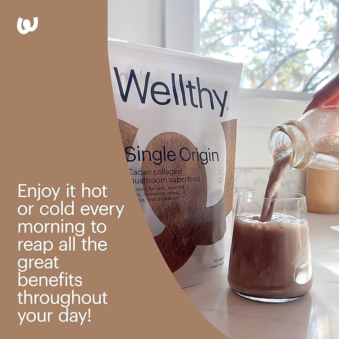 Wellthy Collagen Superfood Powder, Fights Stress & Fatigue, Cacao, Mushroom Powder - Organic Chaga & Reishi Extracts, Certified Organic Matcha, Allergen-Free & Non-GMO