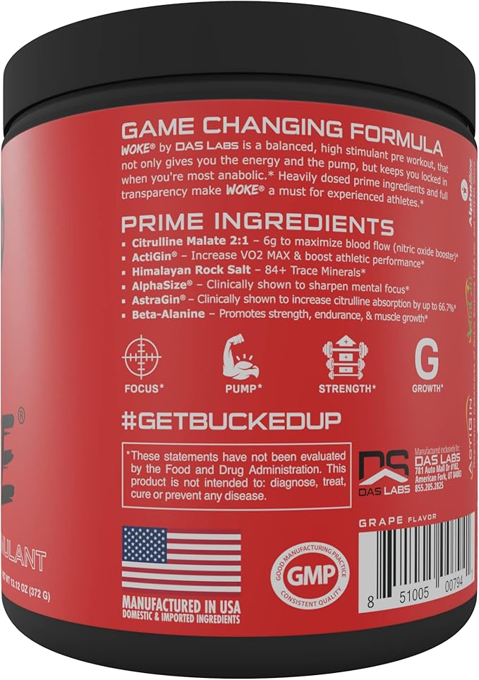 Bucked Up - Woke - HIGH STIM Pre Workout - Best Tasting - Focus Nootropic, Pump, Strength and Growth, 30 Servings (Grape)