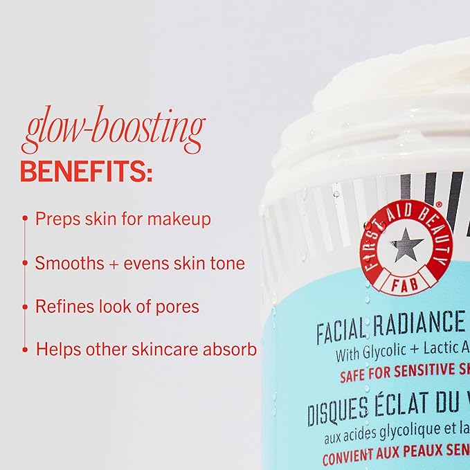 First Aid Beauty - Facial Radiance Pads with Glycolic & Lactic Acids – Daily Exfoliating Pads with AHA that Help Tone & Brighten Skin – Makeup Prep Pads - Compostable for Daily Use – 28 Pads
