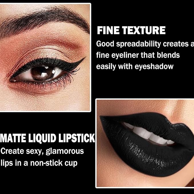 3Pcs Black Matte Liquid Lipstick,Lip Liner,Lip Gloss Trio Lip Set Waterproof Long-Lasting Moisturizing Velvety Lip Stain One Step Lips Makeup Kits Goth Makeup