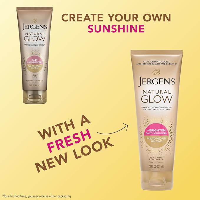 Jergens Natural Glow Self Tanner Body Lotion, Sunless Tanning, Fair to Medium Skin Tone, Daily Moisturizer with Coconut Oil, Vitamin E and Antioxidants, 7.5 Oz