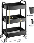 YASONIC 3 Tier Rolling Cart - Metal Utility Cart with Wheels, Hanging Cups, Hooks, Heavy Duty Mesh Rolling Storage Cart Organizer, Craft Cart for Kitchen Office, Lightweight and Sturdy